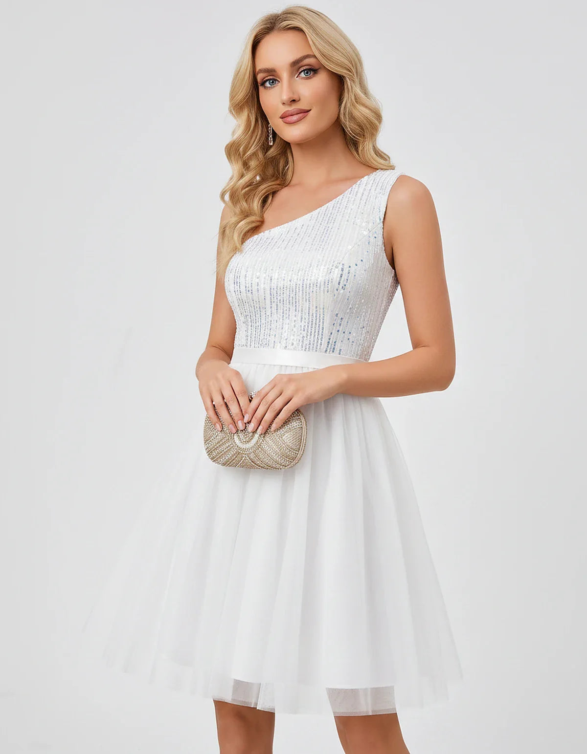 Sequin One-Shoulder Sleeveless A-Line Mini Dress with Layered Tulle for Homecoming, Graduation, Cocktail, Party, Evening & We | SKU: CMD-583917462850174-WHITE-L,CMD-583917462850174-WHITE-M,CMD-583917462850174-WHITE-S,CMD-583917462850174-WHITE-XL,CMD-583917462850174-WHITE-XS