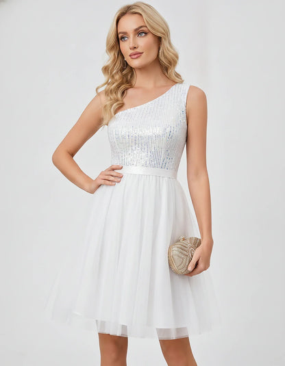 Sequin One-Shoulder Sleeveless A-Line Mini Dress with Layered Tulle for Homecoming, Graduation, Cocktail, Party, Evening & We | SKU: CMD-583917462850174-WHITE-L,CMD-583917462850174-WHITE-M,CMD-583917462850174-WHITE-S,CMD-583917462850174-WHITE-XL,CMD-583917462850174-WHITE-XS