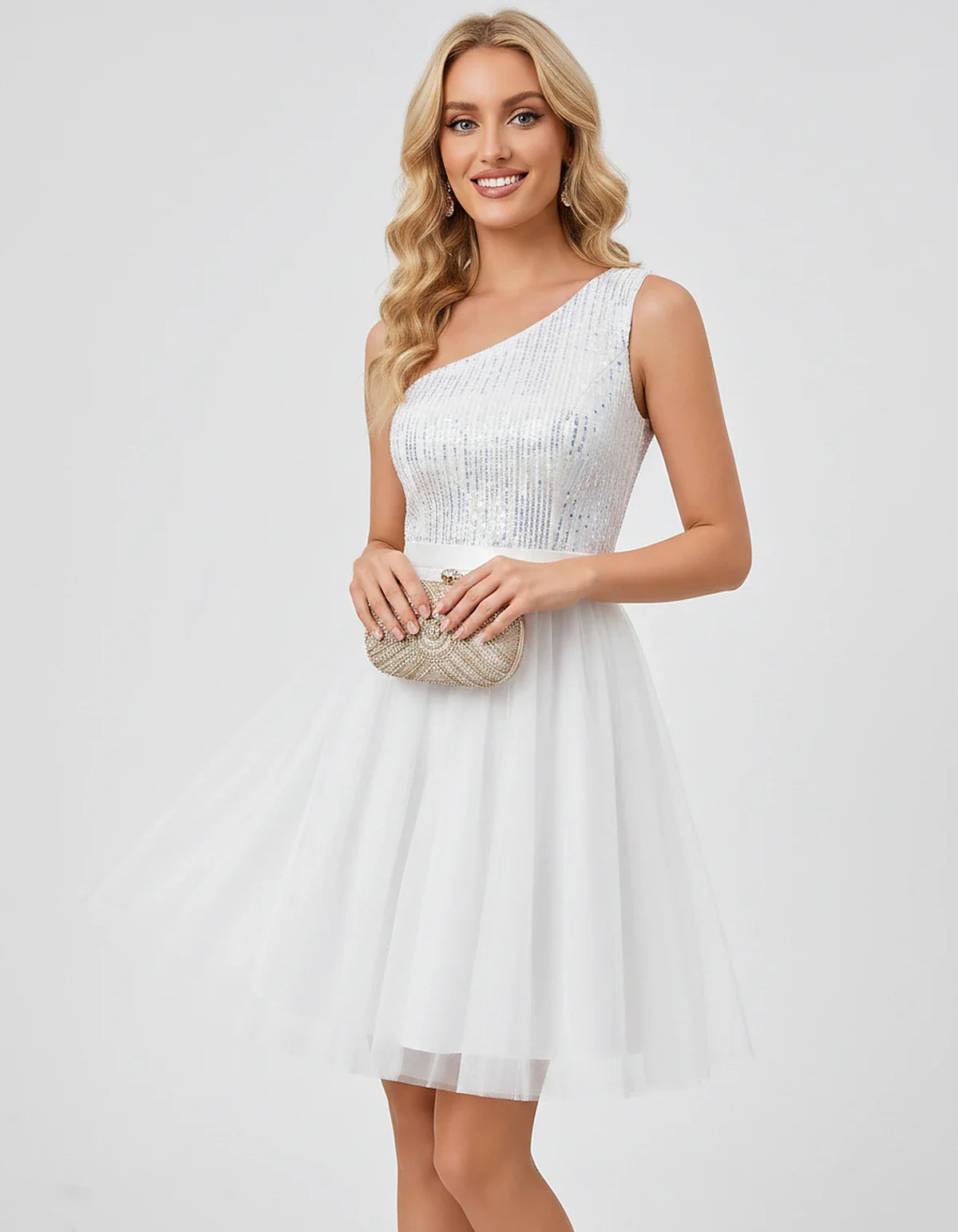 Sequin One-Shoulder Sleeveless A-Line Mini Dress with Layered Tulle for Homecoming, Graduation, Cocktail, Party, Evening & We | SKU: CMD-583917462850174-WHITE-L,CMD-583917462850174-WHITE-M,CMD-583917462850174-WHITE-S,CMD-583917462850174-WHITE-XL,CMD-583917462850174-WHITE-XS