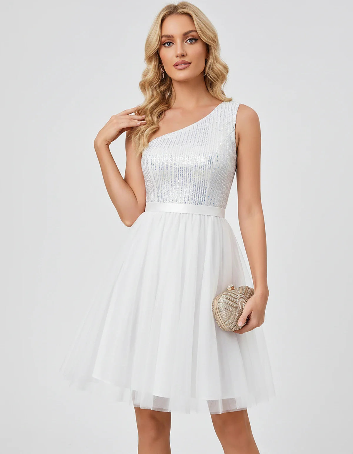 Sequin One-Shoulder Sleeveless A-Line Mini Dress with Layered Tulle for Homecoming, Graduation, Cocktail, Party, Evening & We | SKU: CMD-583917462850174-WHITE-L,CMD-583917462850174-WHITE-M,CMD-583917462850174-WHITE-S,CMD-583917462850174-WHITE-XL,CMD-583917462850174-WHITE-XS