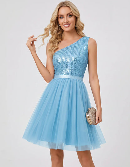 Sequin One-Shoulder Sleeveless A-Line Mini Dress with Layered Tulle for Homecoming, Graduation, Cocktail, Party, Evening & We | SKU: CMD-583917462850174-BLUE-L,CMD-583917462850174-BLUE-M,CMD-583917462850174-BLUE-S,CMD-583917462850174-BLUE-XL,CMD-583917462850174-BLUE-XS