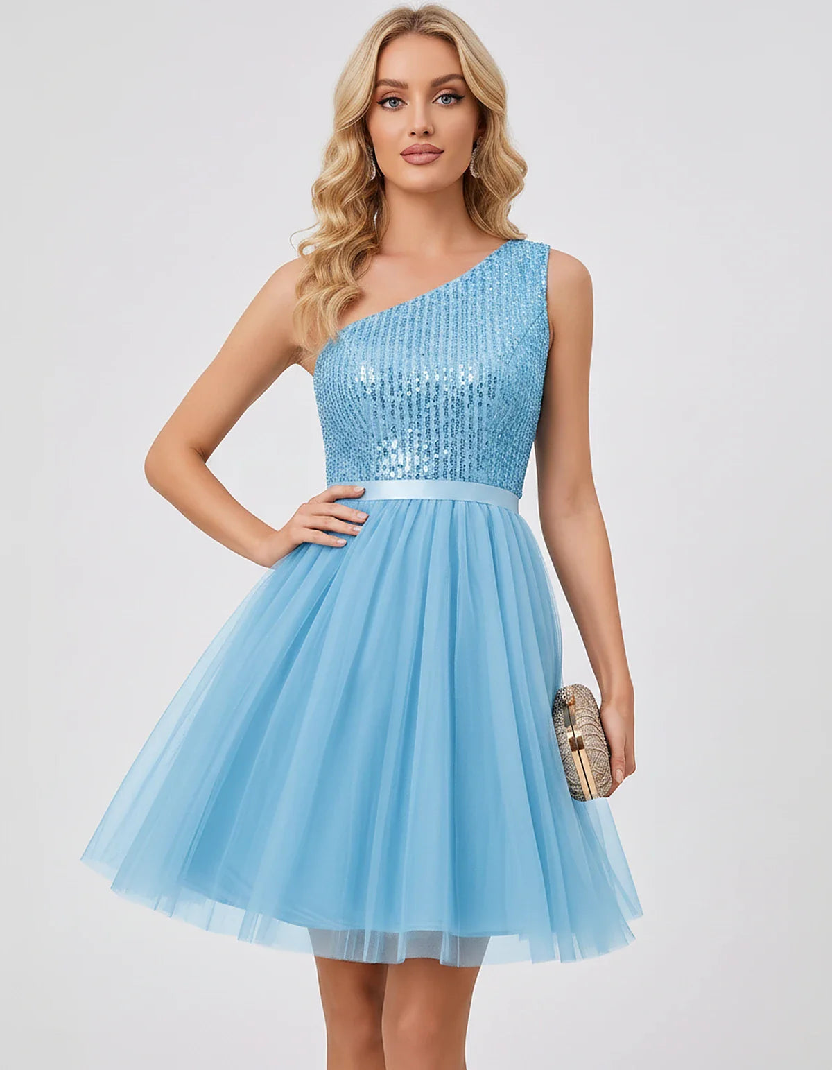 Sequin One-Shoulder Sleeveless A-Line Mini Dress with Layered Tulle for Homecoming, Graduation, Cocktail, Party, Evening & We | SKU: CMD-583917462850174-BLUE-L,CMD-583917462850174-BLUE-M,CMD-583917462850174-BLUE-S,CMD-583917462850174-BLUE-XL,CMD-583917462850174-BLUE-XS