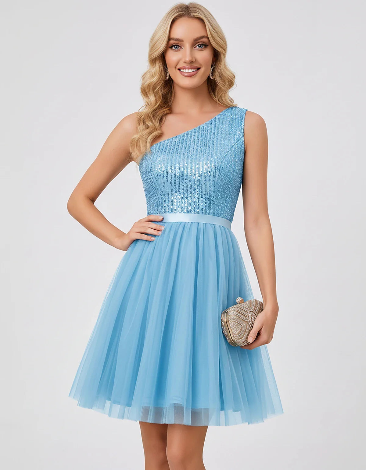 Sequin One-Shoulder Sleeveless A-Line Mini Dress with Layered Tulle for Homecoming, Graduation, Cocktail, Party, Evening & We | SKU: CMD-583917462850174-BLUE-L,CMD-583917462850174-BLUE-M,CMD-583917462850174-BLUE-S,CMD-583917462850174-BLUE-XL,CMD-583917462850174-BLUE-XS