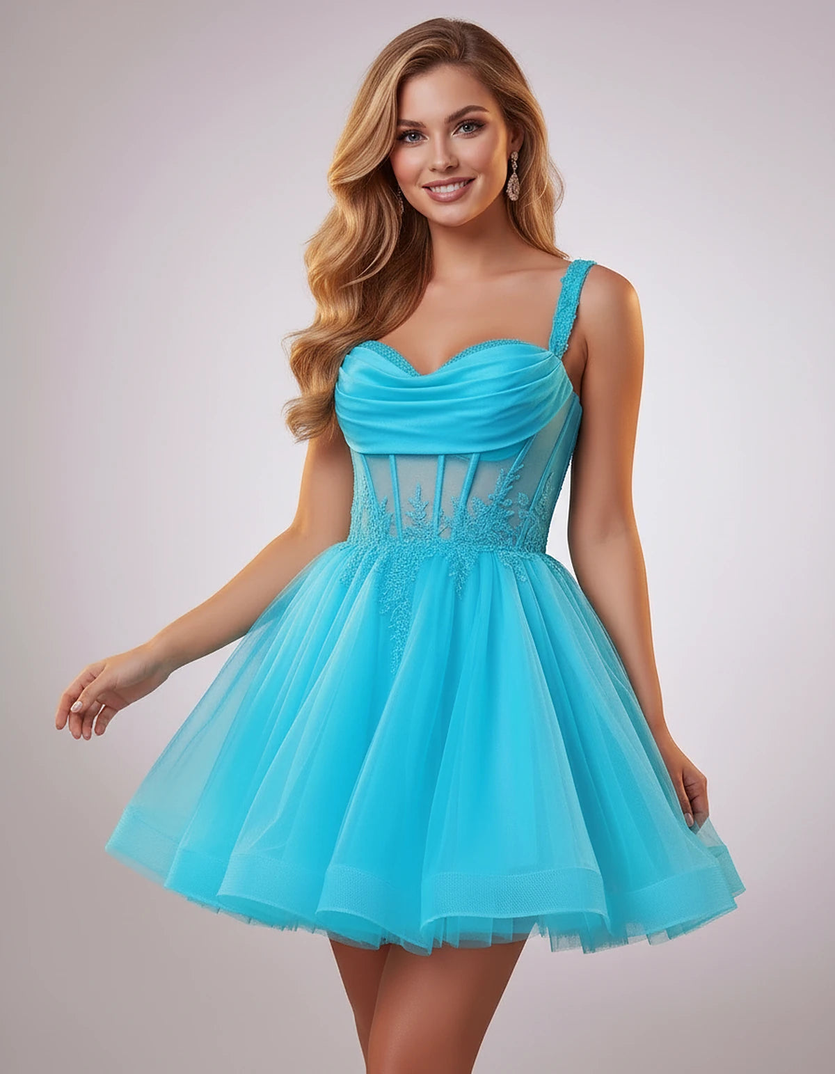 Soft Tulle Sleeveless Sweetheart A-Line Mini Dress with Floral Appliqués for Party, Cocktail, Evening, Summer & Wedding Guest