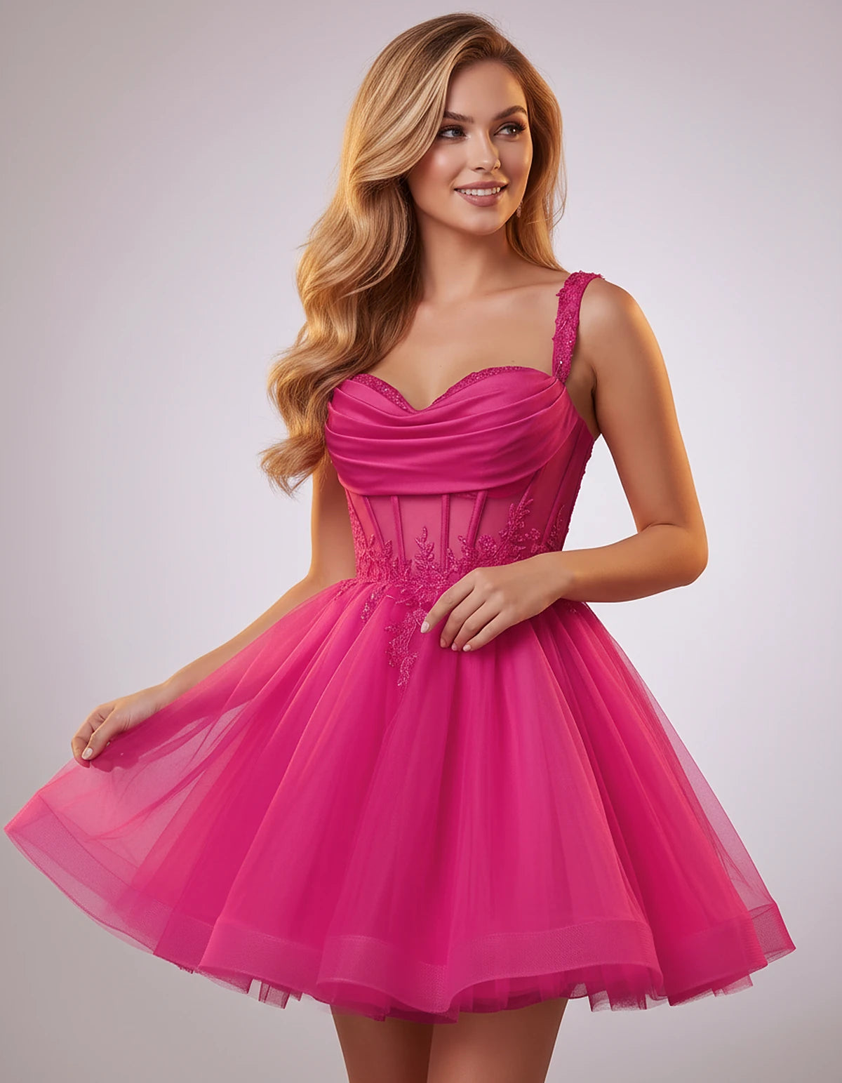 Soft Tulle Sleeveless Sweetheart A-Line Mini Dress with Floral Appliqués for Party, Cocktail, Evening, Summer & Wedding Guest
