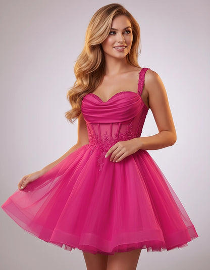 Soft Tulle Sleeveless Sweetheart A-Line Mini Dress with Floral Appliqués for Party, Cocktail, Evening, Summer & Wedding Guest