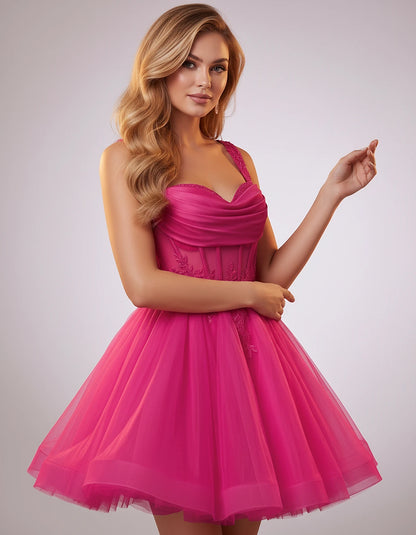 Soft Tulle Sleeveless Sweetheart A-Line Mini Dress with Floral Appliqués for Party, Cocktail, Evening, Summer & Wedding Guest