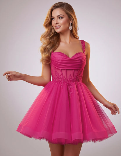 Soft Tulle Sleeveless Sweetheart A-Line Mini Dress with Floral Appliqués for Party, Cocktail, Evening, Summer & Wedding Guest