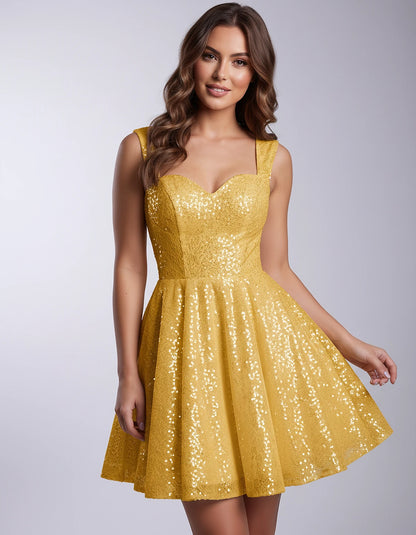 Sequined Tulle Sleeveless Sweetheart A-Line Mini Dress for Party, Cocktail, Prom, Evening, Summer & Wedding Guest Occasions, 