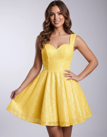 Sequined Tulle Sleeveless Sweetheart A-Line Mini Dress for Party, Cocktail, Prom, Evening, Summer & Wedding Guest Occasions, 