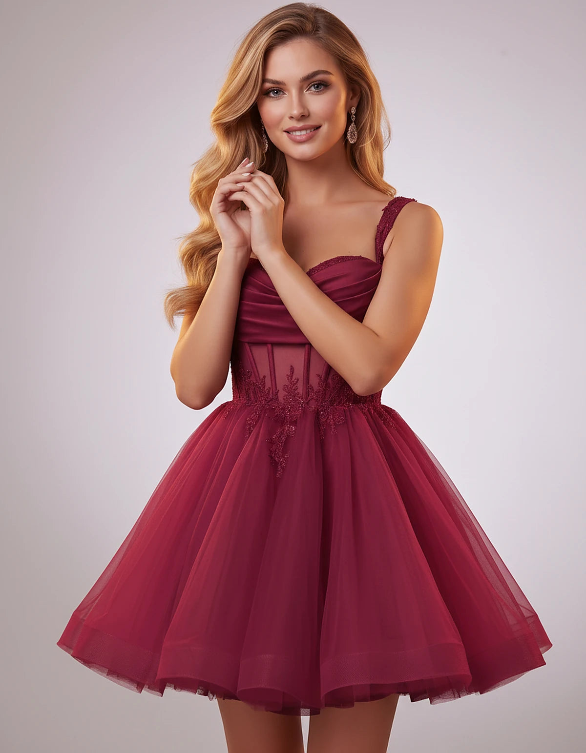 Soft Tulle Sleeveless Sweetheart A-Line Mini Dress with Floral Appliqués for Party, Cocktail, Evening, Summer & Wedding Guest
