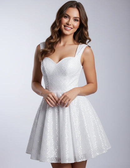 Sequined Tulle Sleeveless Sweetheart A-Line Mini Dress for Party, Cocktail, Prom, Evening, Summer & Wedding Guest Occasions, 