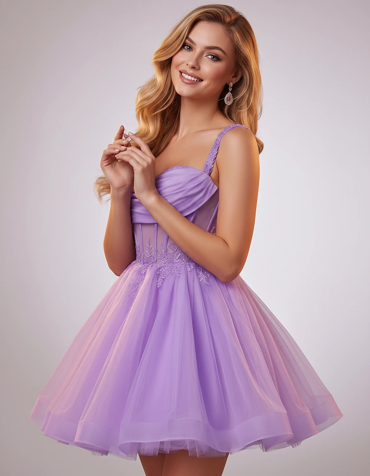 Soft Tulle Sleeveless Sweetheart A-Line Mini Dress with Floral Appliqués for Party, Cocktail, Evening, Summer & Wedding Guest