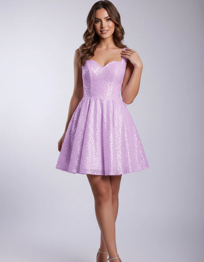 Sequined Tulle Sleeveless Sweetheart A-Line Mini Dress for Party, Cocktail, Prom, Evening, Summer & Wedding Guest Occasions, 