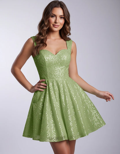 Sequined Tulle Sleeveless Sweetheart A-Line Mini Dress for Party, Cocktail, Prom, Evening, Summer & Wedding Guest Occasions, 