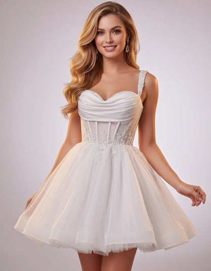 Soft Tulle Sleeveless Sweetheart A-Line Mini Dress with Floral Appliqués for Party, Cocktail, Evening, Summer & Wedding Guest