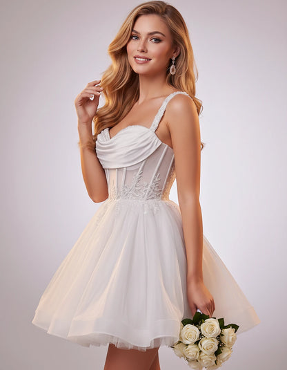 Soft Tulle Sleeveless Sweetheart A-Line Mini Dress with Floral Appliqués for Party, Cocktail, Evening, Summer & Wedding Guest