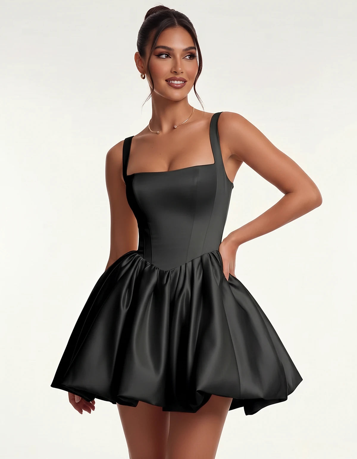 Satin Square Neck Bubble Hem Mini Dress with Shoulder Straps for Party, Cocktail, Evening, Summer & Wedding Guest Events, fro