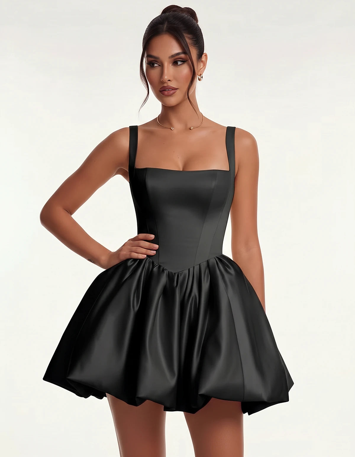 Satin Square Neck Bubble Hem Mini Dress with Shoulder Straps for Party, Cocktail, Evening, Summer & Wedding Guest Events, fro