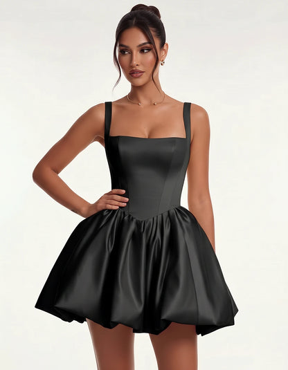 Satin Square Neck Bubble Hem Mini Dress with Shoulder Straps for Party, Cocktail, Evening, Summer & Wedding Guest Events, fro
