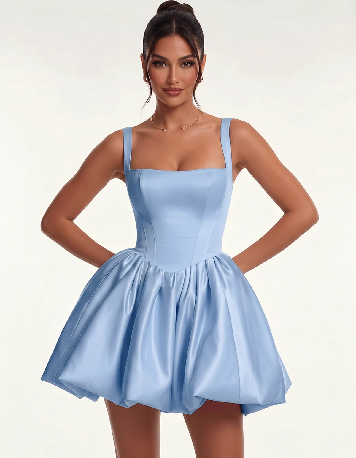 Satin Square Neck Bubble Hem Mini Dress with Shoulder Straps for Party, Cocktail, Evening, Summer & Wedding Guest Events, fro