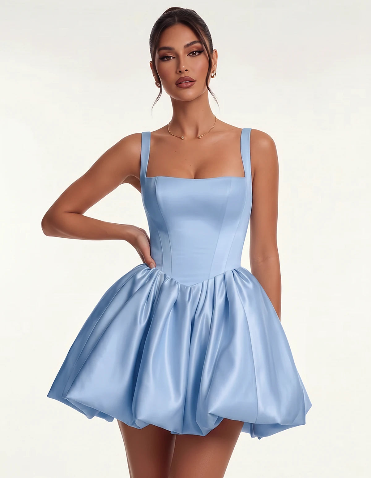 Satin Square Neck Bubble Hem Mini Dress with Shoulder Straps for Party, Cocktail, Evening, Summer & Wedding Guest Events, fro