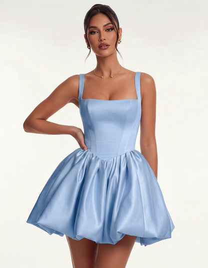 Satin Square Neck Bubble Hem Mini Dress with Shoulder Straps for Party, Cocktail, Evening, Summer & Wedding Guest Events, fro