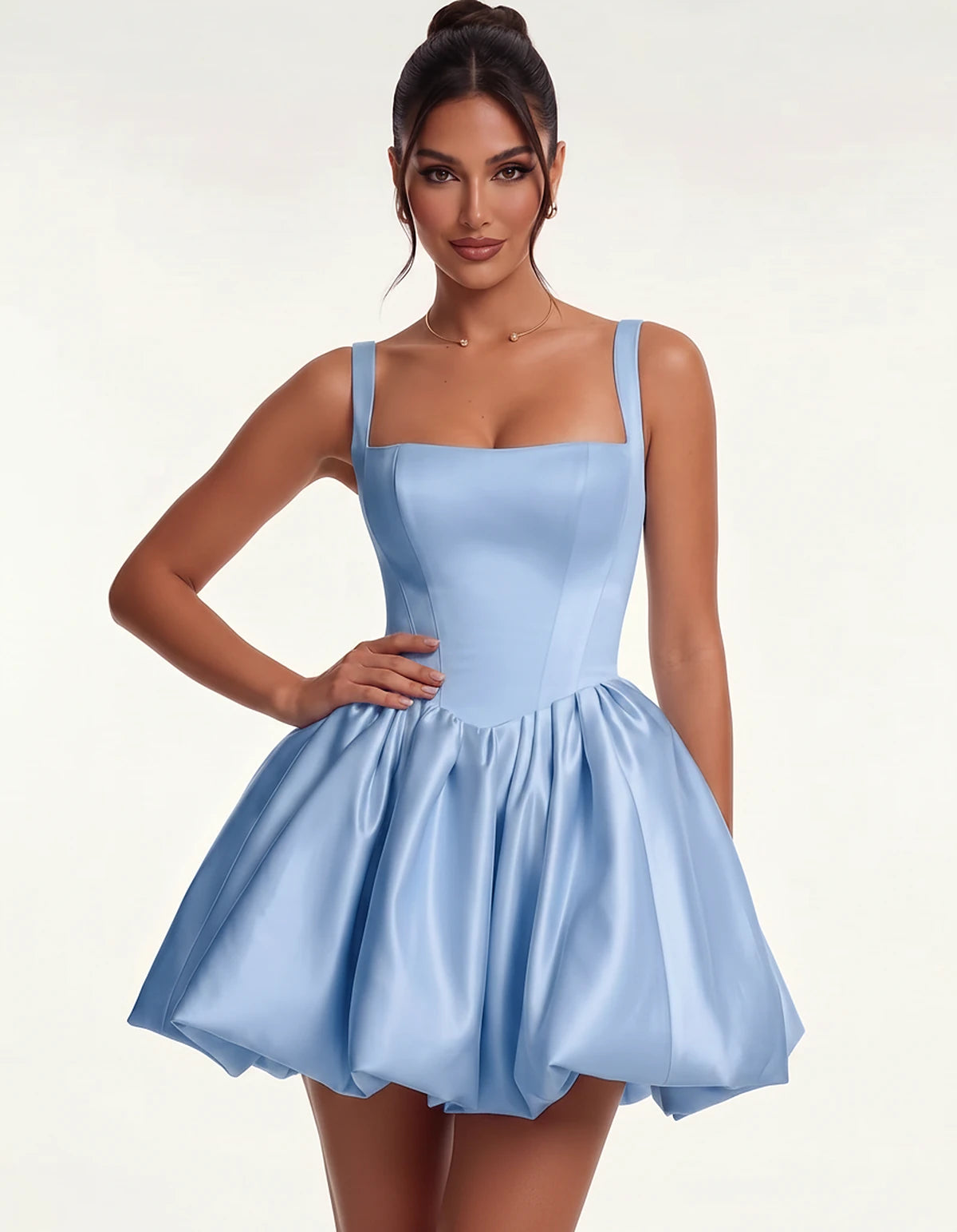 Satin Square Neck Bubble Hem Mini Dress with Shoulder Straps for Party, Cocktail, Evening, Summer & Wedding Guest Events, fro