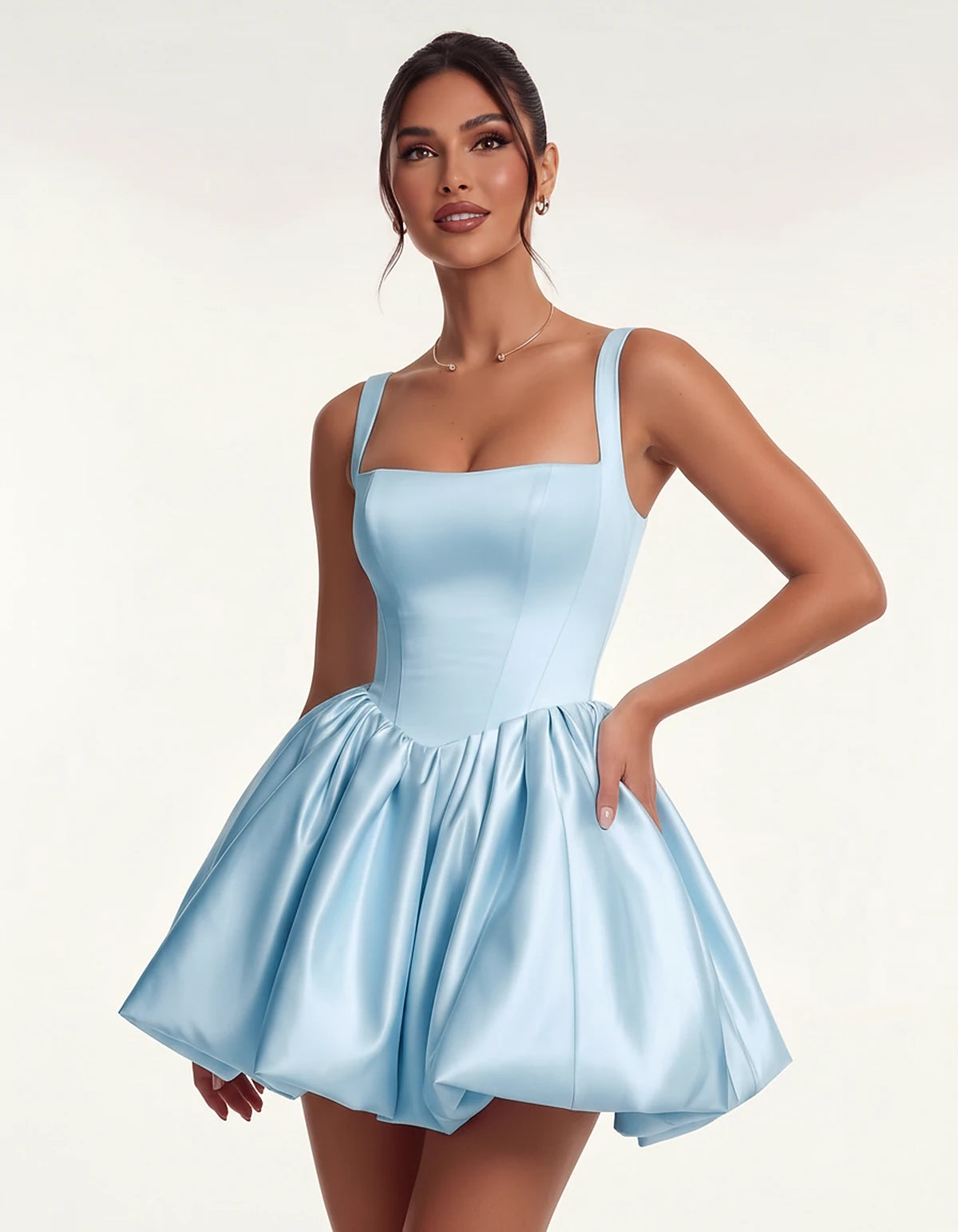 Satin Square Neck Bubble Hem Mini Dress with Shoulder Straps for Party, Cocktail, Evening, Summer & Wedding Guest Events, fro
