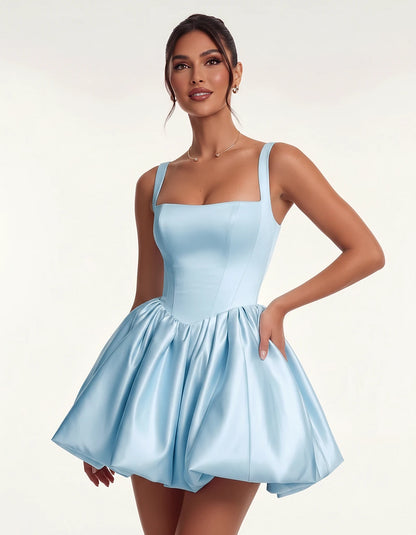Satin Square Neck Bubble Hem Mini Dress with Shoulder Straps for Party, Cocktail, Evening, Summer & Wedding Guest Events, fro