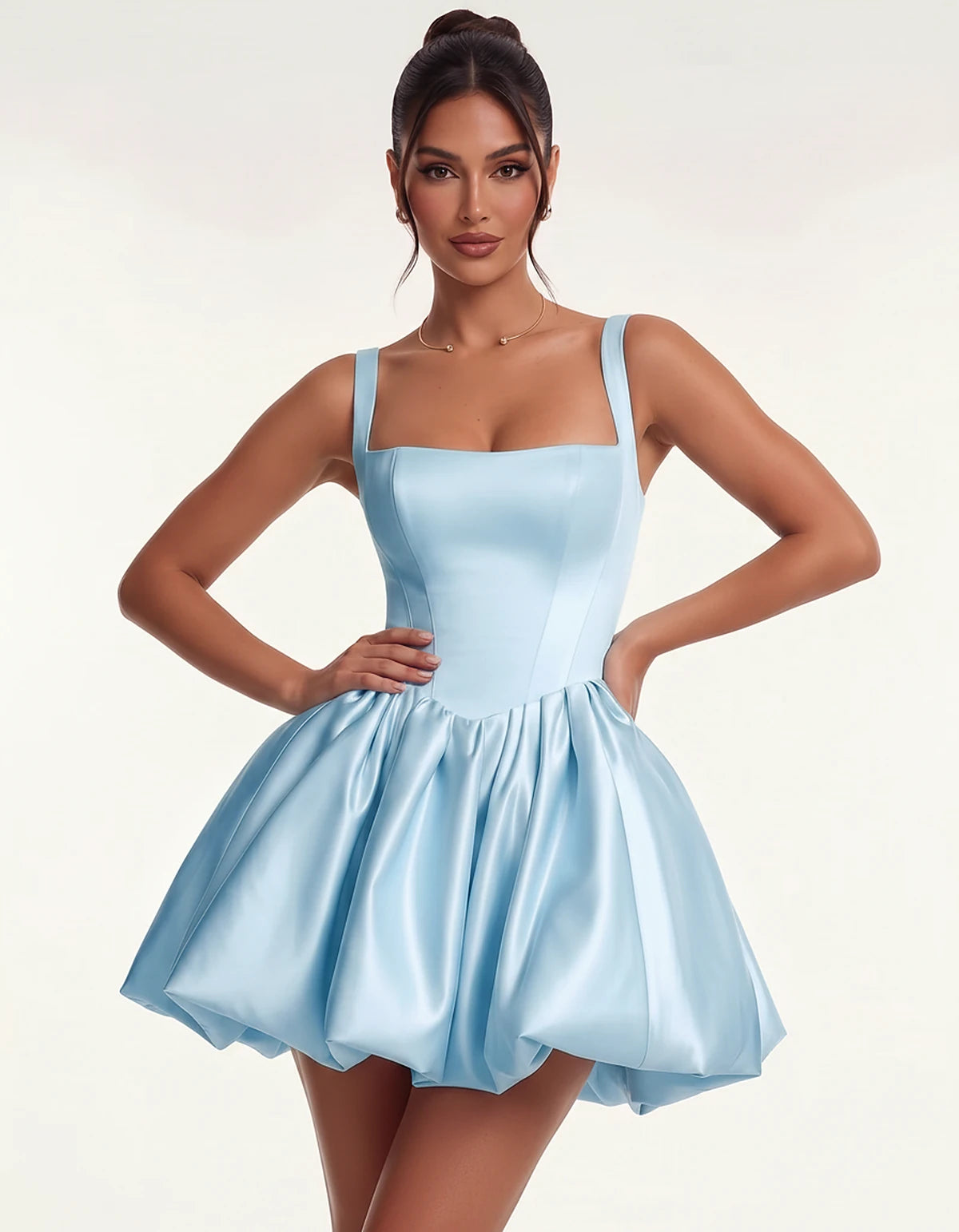 Satin Square Neck Bubble Hem Mini Dress with Shoulder Straps for Party, Cocktail, Evening, Summer & Wedding Guest Events, fro