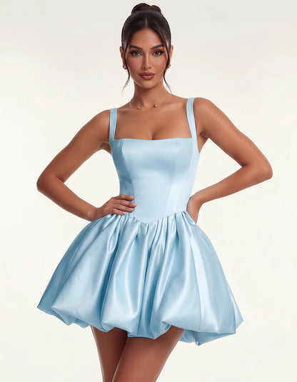 Satin Square Neck Bubble Hem Mini Dress with Shoulder Straps for Party, Cocktail, Evening, Summer & Wedding Guest Events, fro