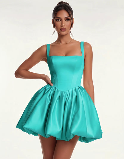 Satin Square Neck Bubble Hem Mini Dress with Shoulder Straps for Party, Cocktail, Evening, Summer & Wedding Guest Events, fro