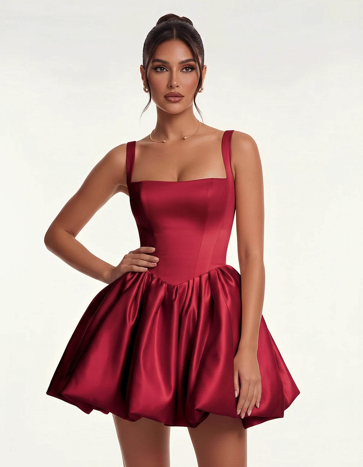 Satin Square Neck Bubble Hem Mini Dress with Shoulder Straps for Party, Cocktail, Evening, Summer & Wedding Guest Events, fro