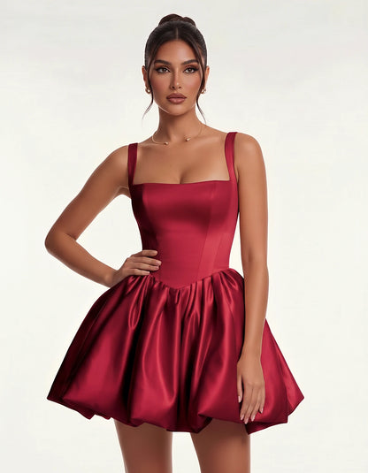Satin Square Neck Bubble Hem Mini Dress with Shoulder Straps for Party, Cocktail, Evening, Summer & Wedding Guest Events, fro