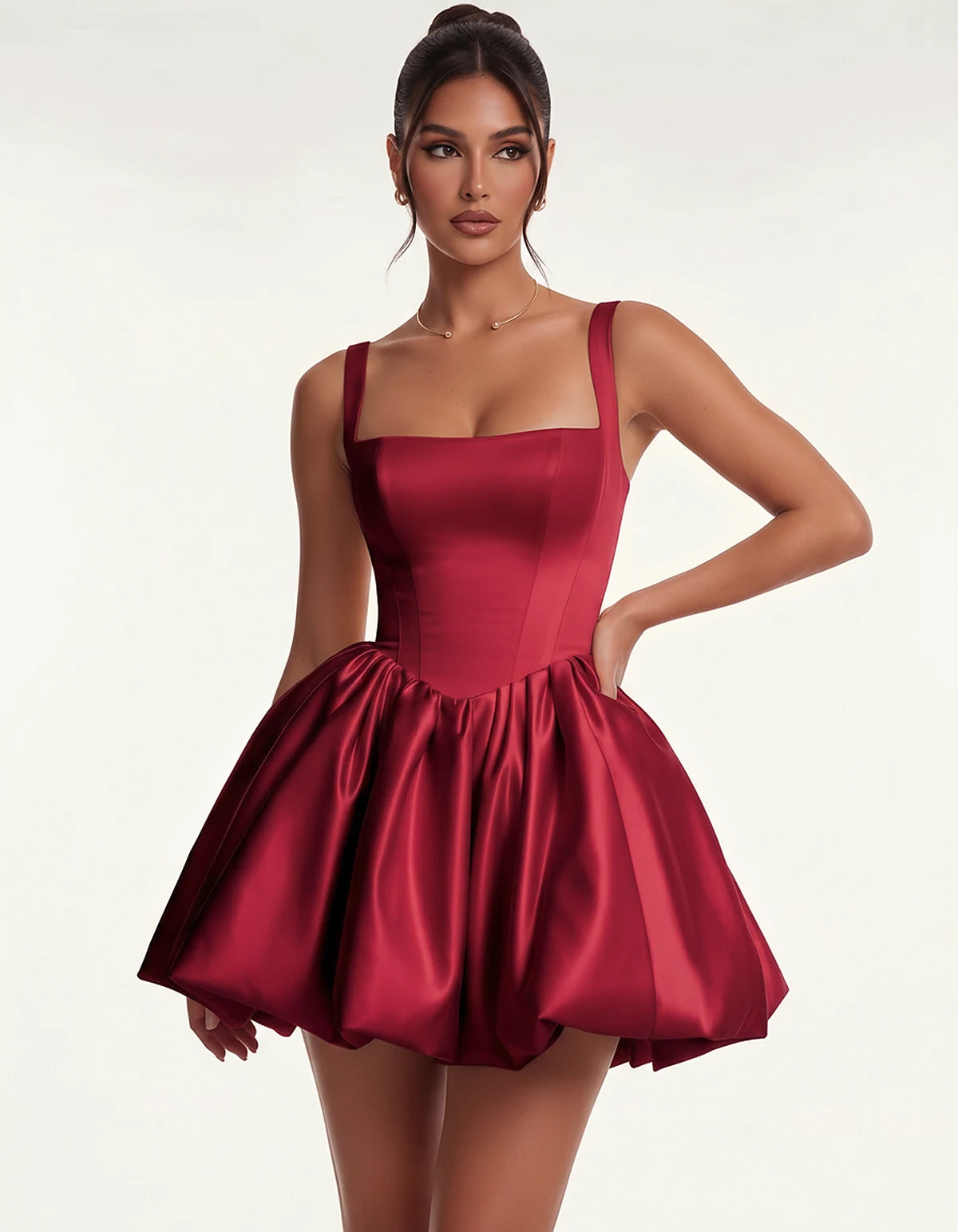 Satin Square Neck Bubble Hem Mini Dress with Shoulder Straps for Party, Cocktail, Evening, Summer & Wedding Guest Events, fro
