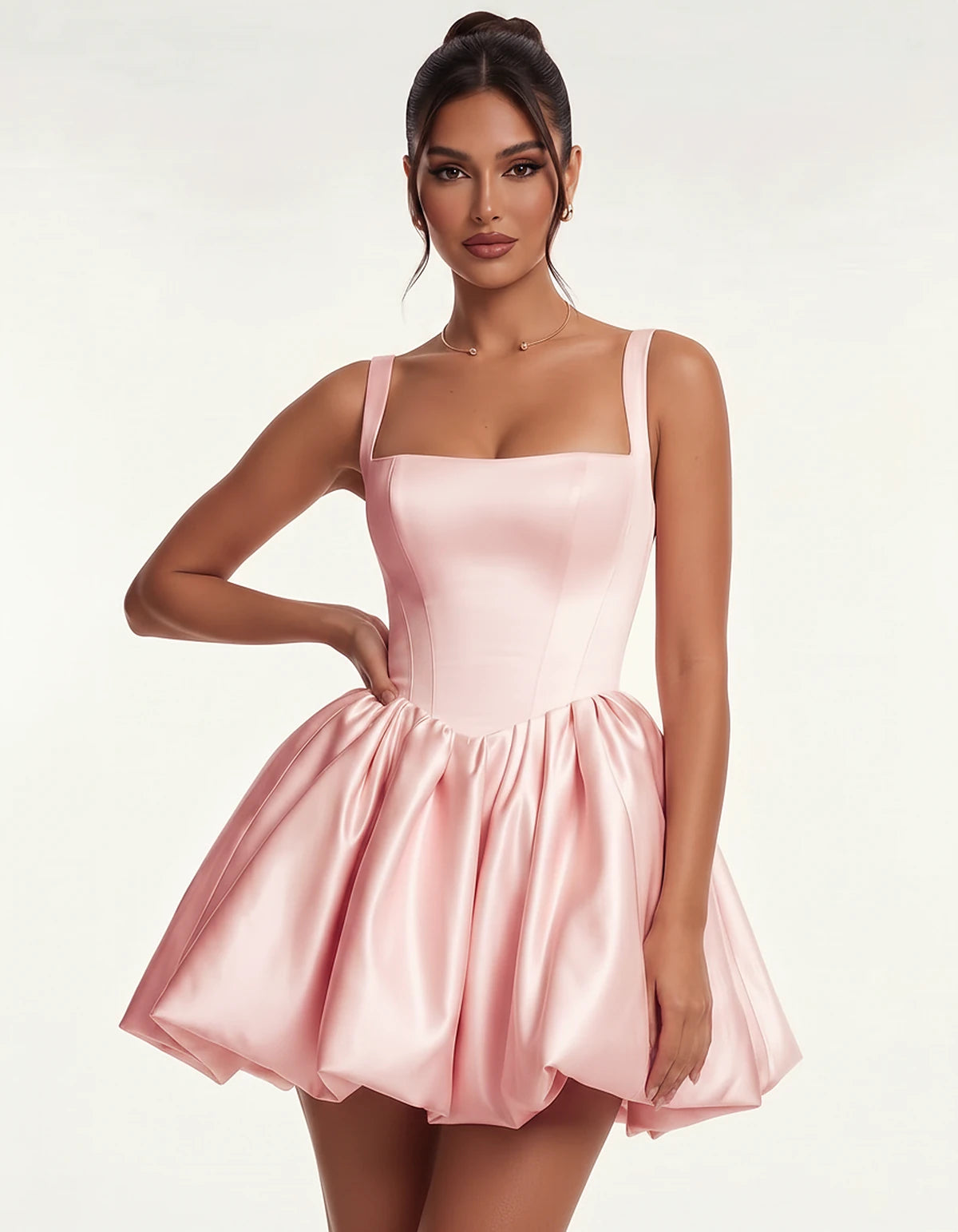 Satin Square Neck Bubble Hem Mini Dress with Shoulder Straps for Party, Cocktail, Evening, Summer & Wedding Guest Events, fro