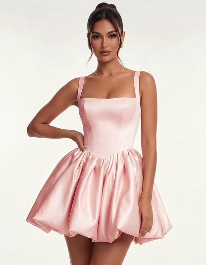 Satin Square Neck Bubble Hem Mini Dress with Shoulder Straps for Party, Cocktail, Evening, Summer & Wedding Guest Events, fro