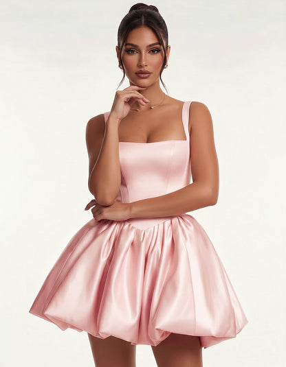 Satin Square Neck Bubble Hem Mini Dress with Shoulder Straps for Party, Cocktail, Evening, Summer & Wedding Guest Events, fro