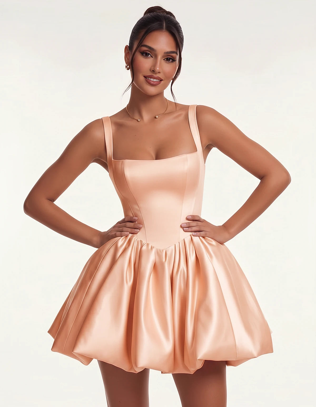 Satin Square Neck Bubble Hem Mini Dress with Shoulder Straps for Party, Cocktail, Evening, Summer & Wedding Guest Events, fro