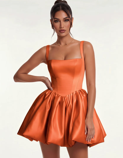 Satin Square Neck Bubble Hem Mini Dress with Shoulder Straps for Party, Cocktail, Evening, Summer & Wedding Guest Events, fro