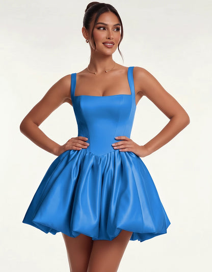 Satin Square Neck Bubble Hem Mini Dress with Shoulder Straps for Party, Cocktail, Evening, Summer & Wedding Guest Events, fro
