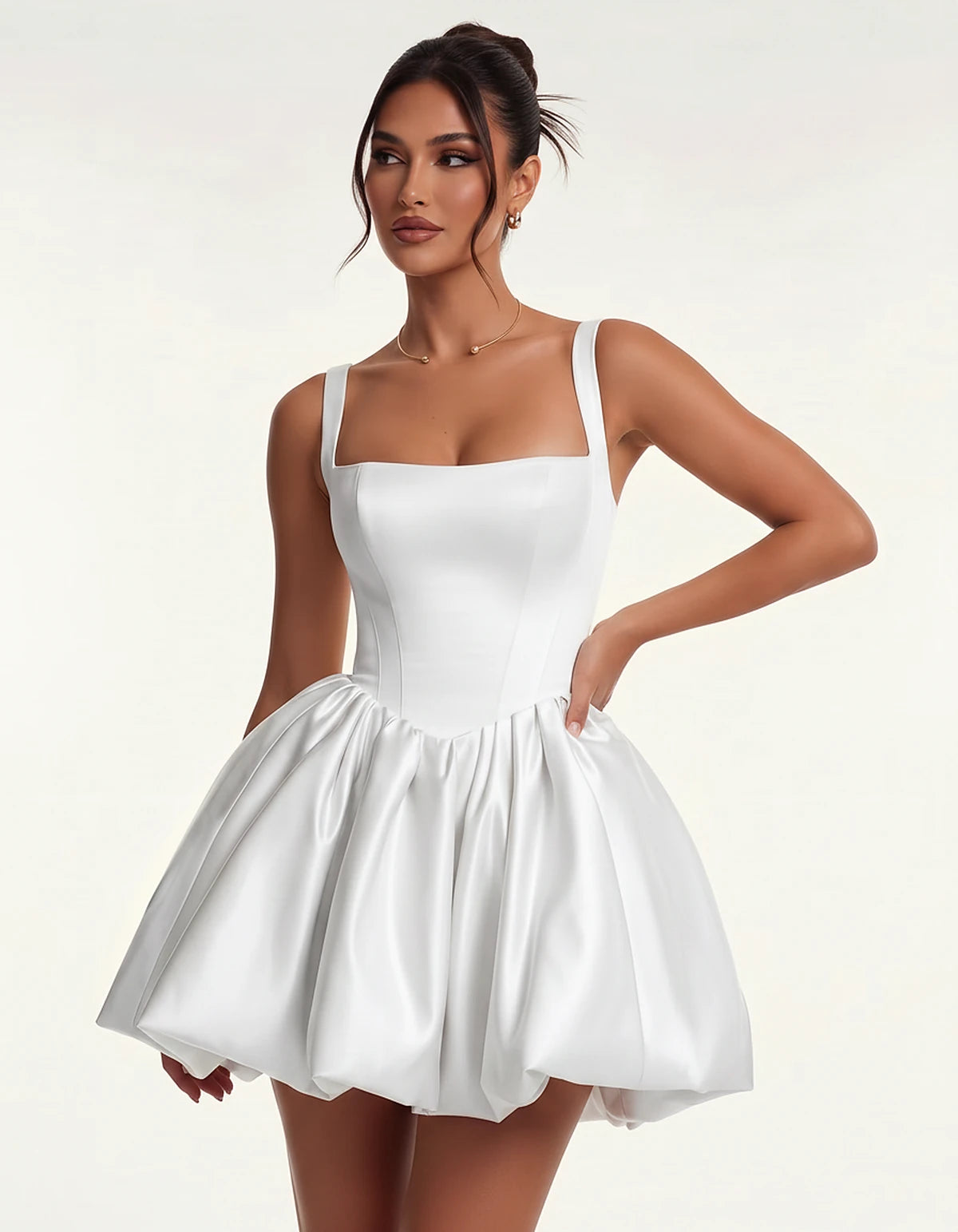 Satin Square Neck Bubble Hem Mini Dress with Shoulder Straps for Party, Cocktail, Evening, Summer & Wedding Guest Events, fro