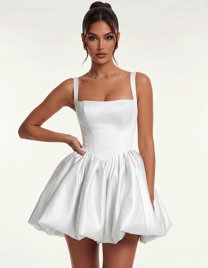 Satin Square Neck Bubble Hem Mini Dress with Shoulder Straps for Party, Cocktail, Evening, Summer & Wedding Guest Events, fro