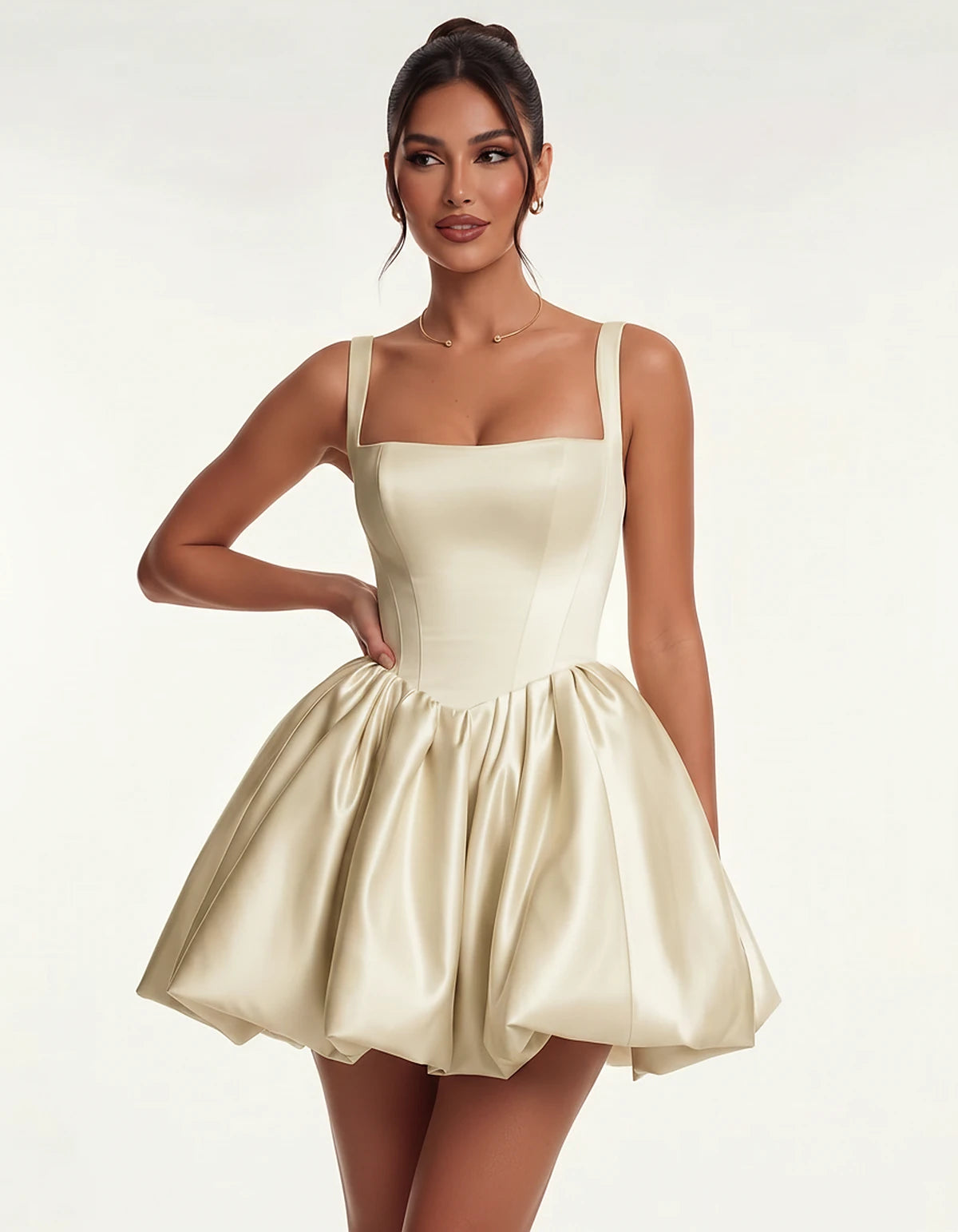 Satin Square Neck Bubble Hem Mini Dress with Shoulder Straps for Party, Cocktail, Evening, Summer & Wedding Guest Events, fro