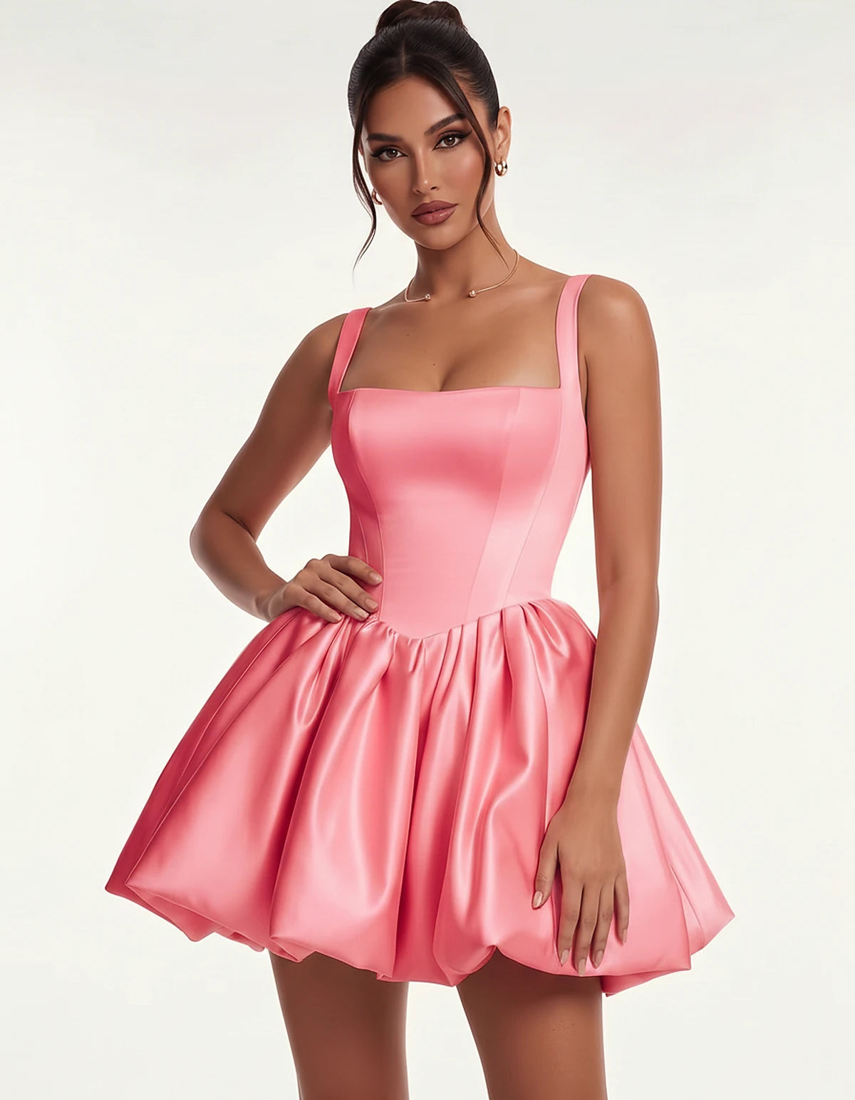 Satin Square Neck Bubble Hem Mini Dress with Shoulder Straps for Party, Cocktail, Evening, Summer & Wedding Guest Events, fro