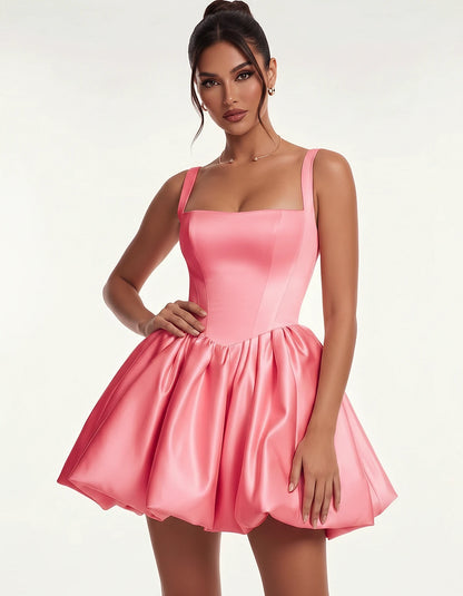 Satin Square Neck Bubble Hem Mini Dress with Shoulder Straps for Party, Cocktail, Evening, Summer & Wedding Guest Events, fro