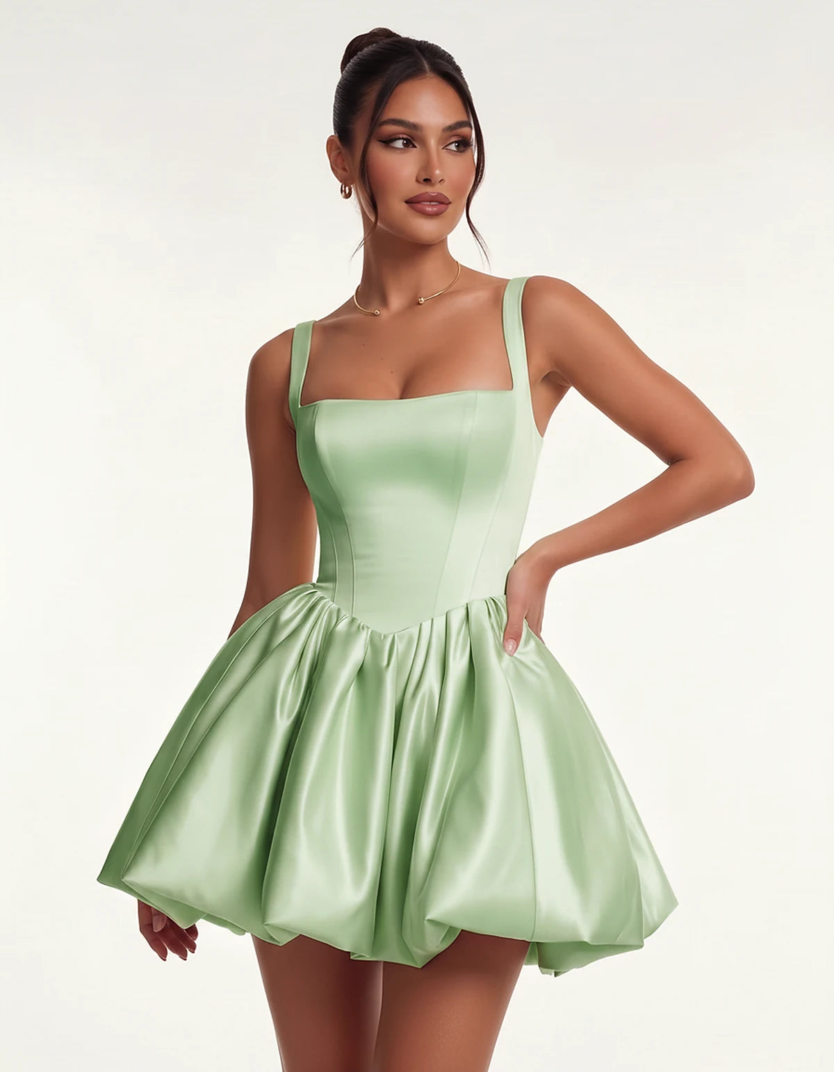Satin Square Neck Bubble Hem Mini Dress with Shoulder Straps for Party, Cocktail, Evening, Summer & Wedding Guest Events, fro
