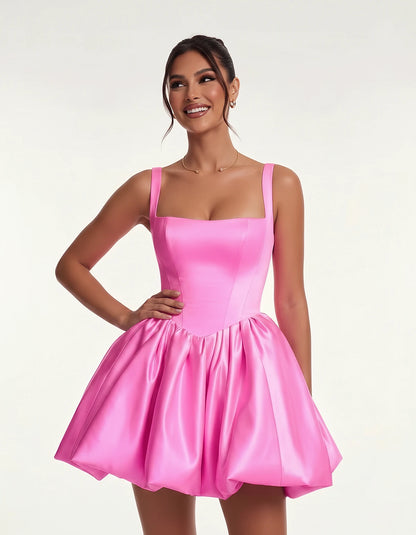 Satin Square Neck Bubble Hem Mini Dress with Shoulder Straps for Party, Cocktail, Evening, Summer & Wedding Guest Events, fro