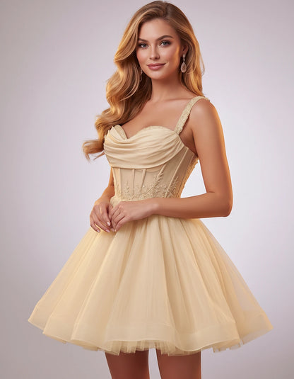 Soft Tulle Sleeveless Sweetheart A-Line Mini Dress with Floral Appliqués for Party, Cocktail, Evening, Summer & Wedding Guest